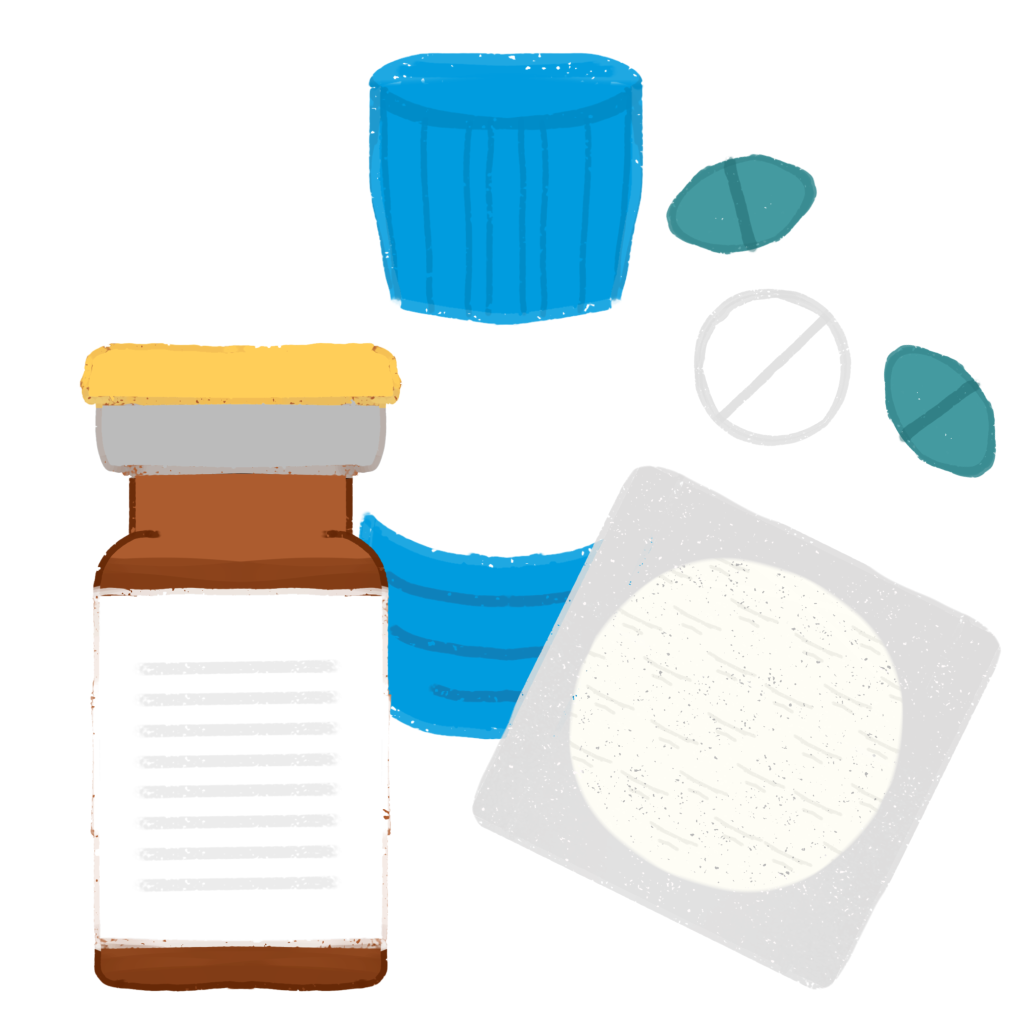 a hormone injection bottle with a yellow cap, a blue and white hormone gel bottle, a white hormone patch, and a white and some blue pills are all standing side by side.